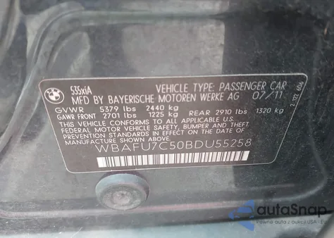 2011 BMW 535I xDrive z USA, uszkodzony, nr VIN WBAFU7C50BDU55258